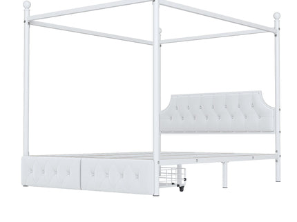 Queen Size Canopy Platform Bed With Upholstered Headboard And 2 Storage Drawers - White