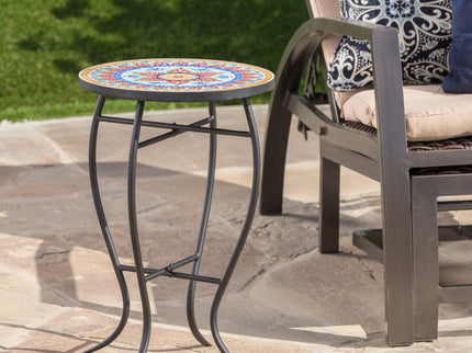 Outdoor Round Side Table With Mosaic Style Top And Curved Iron Legs