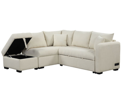 L-Shaped Sectional Pull Out Sofa Bed Sleeper Sofa With Two USB Ports, Two Power Sockets And A Movable Storage Ottoman
