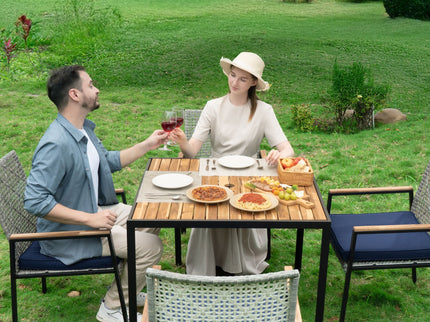 5 Piece Patio Dining Table Set, Acacia Wood Table Top With Umbrella Hole