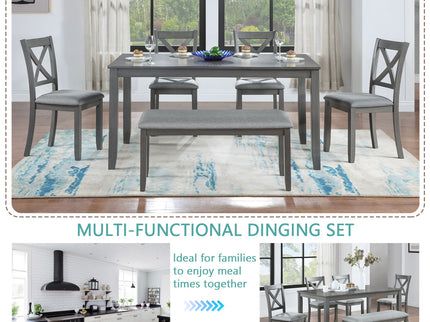 6 Pieces Kitchen Dining Set, Rectangular Wooden Dining Table With 4 Chairs And A Bench