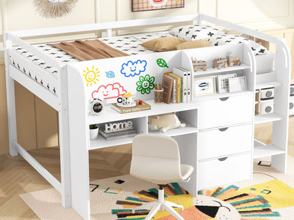 Low Loft Bed With Built In Desk, Storage Cabinets, Open Bookcase And Doodle board