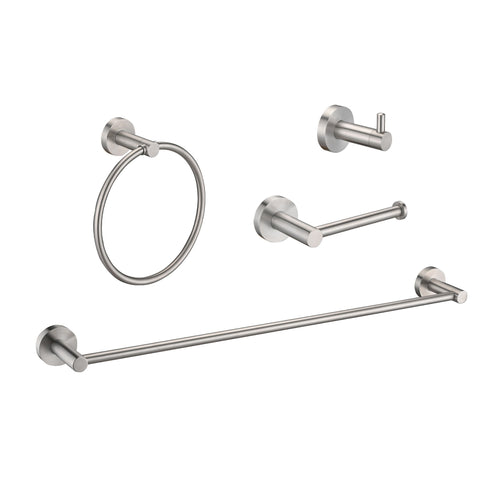 Bathroom Set 4 Pack With Towel Bar Racks, Toilet Paper Holder, Ring, Hook, Stainless Steel - Brushed Nickel