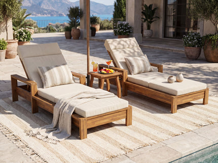 Chaise Lounge Set With 4 Fold Cushion And Built In Headrest, 3 Position Adjustable, For Patio Pool - Cream / Teak