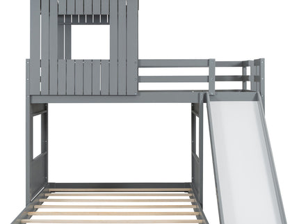Loft Bunk Bed With Playhouse, Farmhouse, Ladder, Slide And Guardrails