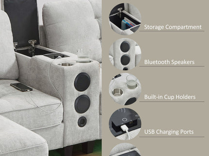 Modern Sectional Sofa U-Shaped With Movable Ottomans, tooth Speakers, LED Lights And Modular Storage