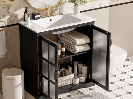 Modern Bathroom Vanity With Ceramic Sink, Tempered Blurred Glass Doors