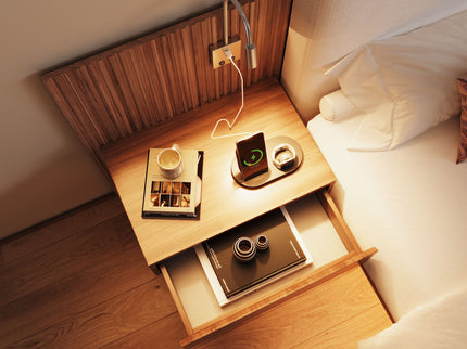 Floating King Size Bed With Integrated Side Tables And Smart Lighting - Beige Gray / White