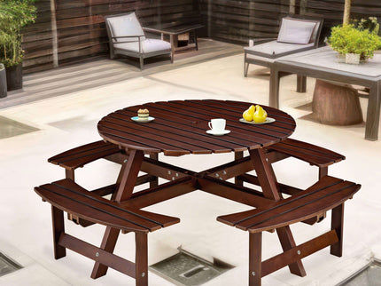 8 Person Round Picnic Table With 4 Built In Benches, Umbrella Hole For Garden - Brown