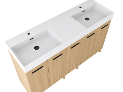 Double Sink Bathroom Vanity With Extra Large Storage, Integrated Sink, Freestanding Cabinet, Soft Close Doors - Glossy White / Light Oak