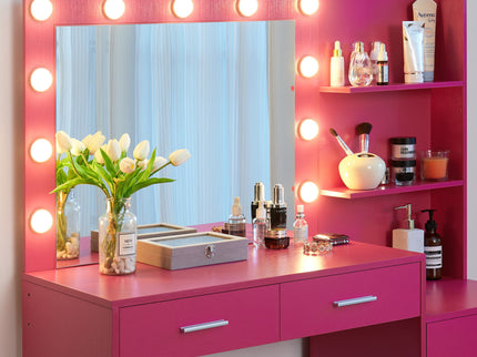 Vanity Desk With Mirror And Lights, 46.4In Dressing Table With 2 Large Drawer & Large Vertical Organizer, 3 Level Dresser & 3 Lighting Modes Adjustable Brightness, Suitable For Bedroom