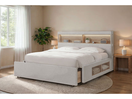Sacha - Bed With LED And Bookcase Headboard, Built In Siderail Storage