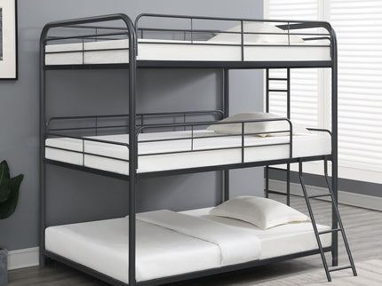Triple Bunk Bed, Full Size With Sturdy Metal Frame And Safe Stairs - Black