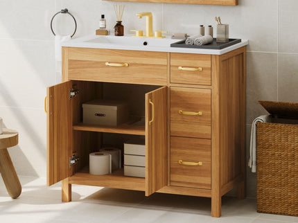 Bathroom Vanity, 2 Soft Close Doors, 3 Soft Close Drawers, Adjustable Shelf - Wood