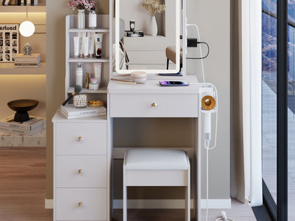 Cabinet Vanity Table & Cushioned Stool, USB Power Station, Hair Dryer Bracket - White