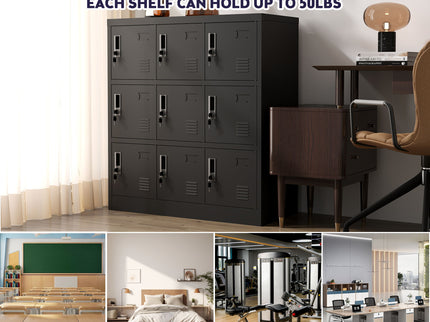 9 Door Employee Storage Locker With Card Slot, Lockers For Office, Gym, School, And Home - Black