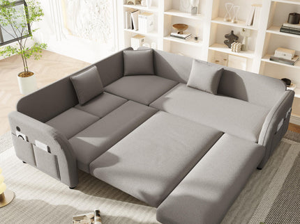 L-Shaped Couch With Pull-Out Bed, Oversize Convertible Sleeper Sofa With Side Pocket & USB Port