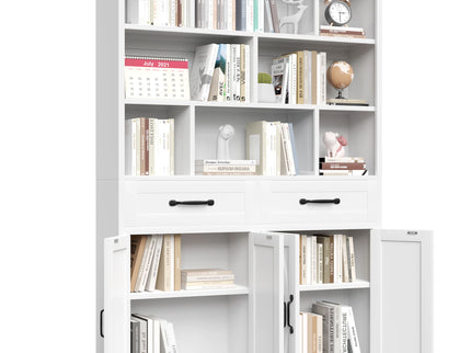 Bookcase Tall With 2 Doors & 2 Drawers, Fixed Open Shelves - White