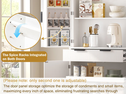 Fluted Kitchen Pantry Cabinet With 3 Keyboard Drawers & 6 Adjustable Door Shelves
