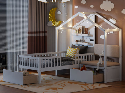 House Bed With Upholstered Sofa, Wireless Charging Station, Shelves And 2 Drawers