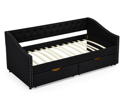 Upholstered Tufted Daybed With 2 Drawers, Waved Arms