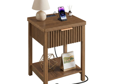 Nightstand, Bedside Table With Built In Charging Station (Set of 2) - Walnut