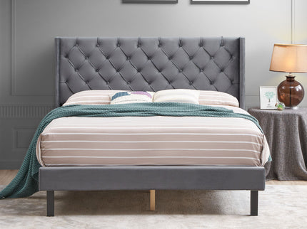 Velvet Button Tufted-Upholstered Bed With Wings Design Strong Wood Slat Support Queen Platform Bed - Gray
