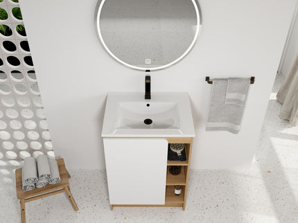 Freestanding Bathroom Vanity With Thin Rim Sink, Single Door With 4 Tier Open Shelves - Light Oak / White