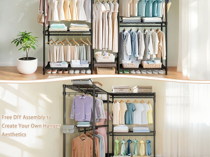 Heavy Duty Garment Rack With 8 Adjustable Wire Shelves And 5 Clothes Rails, Freestanding Closet Organizer Metal - Black