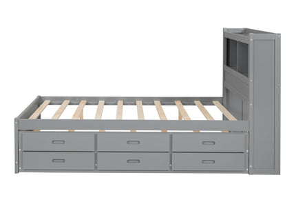 Full Size Platform Bed With Trundle, Drawers, USB Ports And Built In Shelves - Gray
