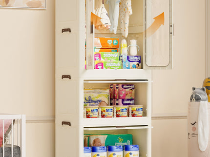 Portable Wardrobe Closet Storage Organizer With Magnetic Doors And Hanging Rod - Cream White