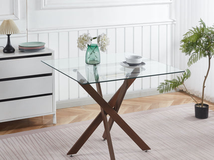 Dining Table With Cross Metal Leg And Tempered Glass, Modern Space Saving Kitchen Table For Living Room Legs, Square Table