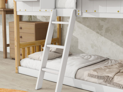 House Bunk Bed With Roof, Window, Window Box, Door, With Safety Guardrails And Ladder
