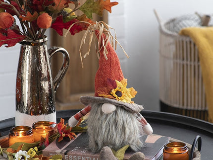 Sitting Gnome With Maple Leaf On Hat, For Holiday Harvest Festival Fall Festival & Thanksgiving Table Decorations (Set of 2) - Orange Multi
