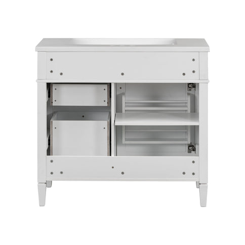 Bathroom Vanity With Top Sink, Storage Cabinet With Mirror, 2 Doors, 3 Drawers, 6 Open Shelves