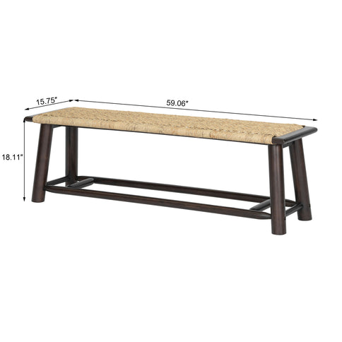 Farmhouse Modern Solid Wood Rattan Bench Multi Functional Design 59" Indoor & Covered Outdoor Bench - Walnut