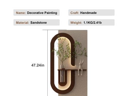 Adjustable LED Sandstone Wall Decor With Simulated Plants 3D Art Sculpture, Glass Vase & Rabbit Statue, Remote Control - Light Coffee