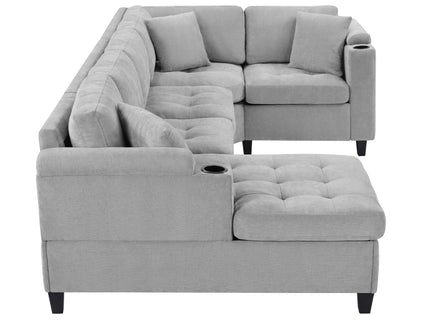 U Shaped Sectional Sofa, Corner Living Room Couch With Built In Cup Holders, Storage, USB Ports