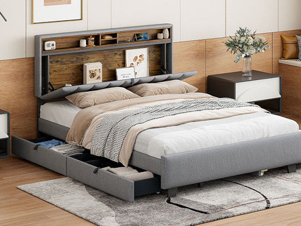 Upholstered Platform Bed With Storage Headboard, Trundle & 2 Drawers And A Set Of Sockets & USB Ports