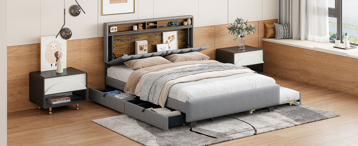 Upholstered Platform Bed With Storage Headboard, Trundle & 2 Drawers And A Set Of Sockets & USB Ports