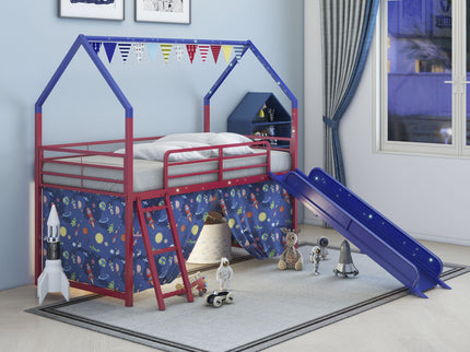 Jack - House Loft Bed With Slide And Curtain Set