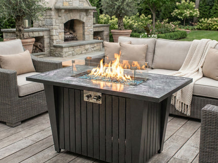 Morden Steel Fire Pit Table With Marble Tile Tabletop, Glass Wind Guard And Lid