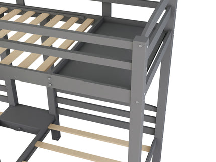 Twin Over Twin & Twin Bunk Bed With Built In Staircase And Storage Drawer - Gray