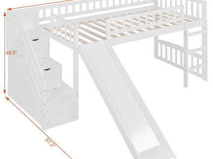 Loft Stairway Bed With 2 Drawers, Convertible Ladder And Slide