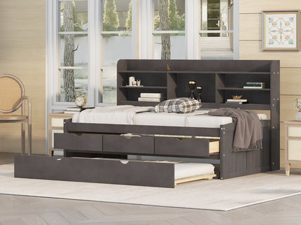 Captain Bed With Built In Bookshelves, 3 Storage Drawers, And Trundle