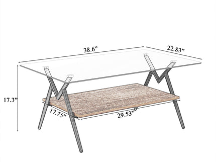 Rectangle Coffee Table With Tempered Glass Top And Shelf, Modern Table For Living Room