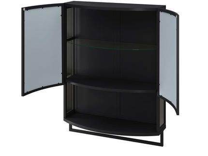 Arched Glass Double Door Wardrobe With Shatterproof Mirror, Open Shelf & Towel Rack
