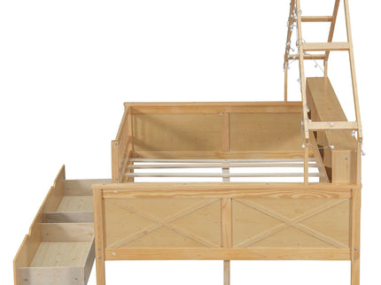 House Style Platform Bed With LED Lights, Storage Shelves, Drawers, And Guardrail