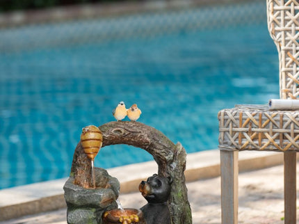 Decorative Two Tiered Water Fountain With Woodland Animal Design, Outdoor Fountain With Light And Pump - Dark Gray
