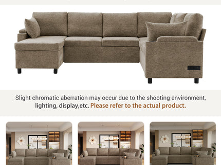 U-Shaped Sectional Sofa Bed With Storage, Charging Ports, And Cup Holders - Brown